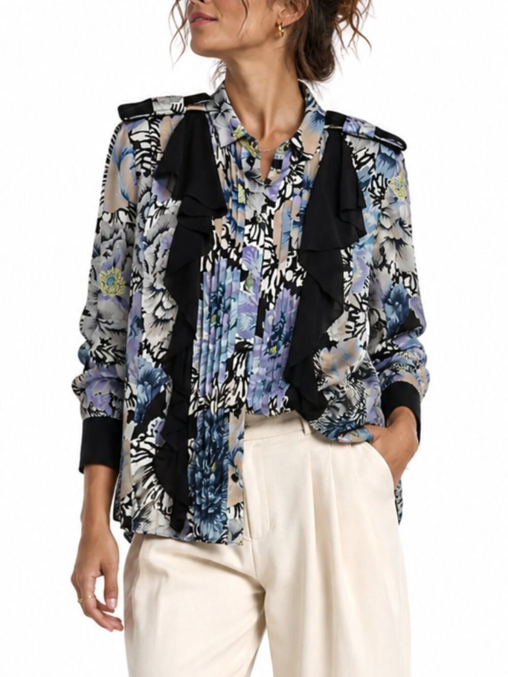Coach Kaffe Fassett Floral Ruffle Blouse Pleated Bib Button Front Top